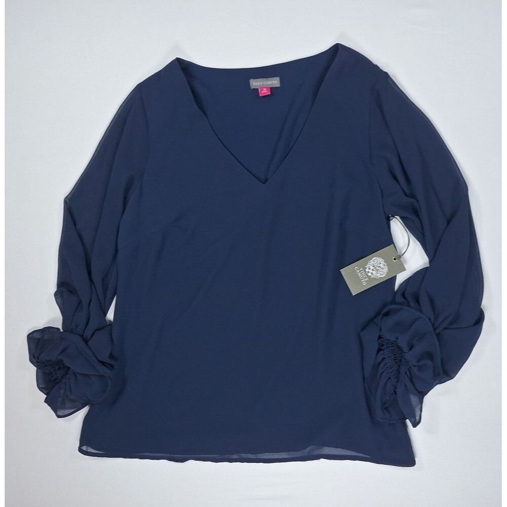 NWT Vince Camuto Top XS Navy Blue Sheer Lined Chiffon Blouse Flutter Long Sleeve